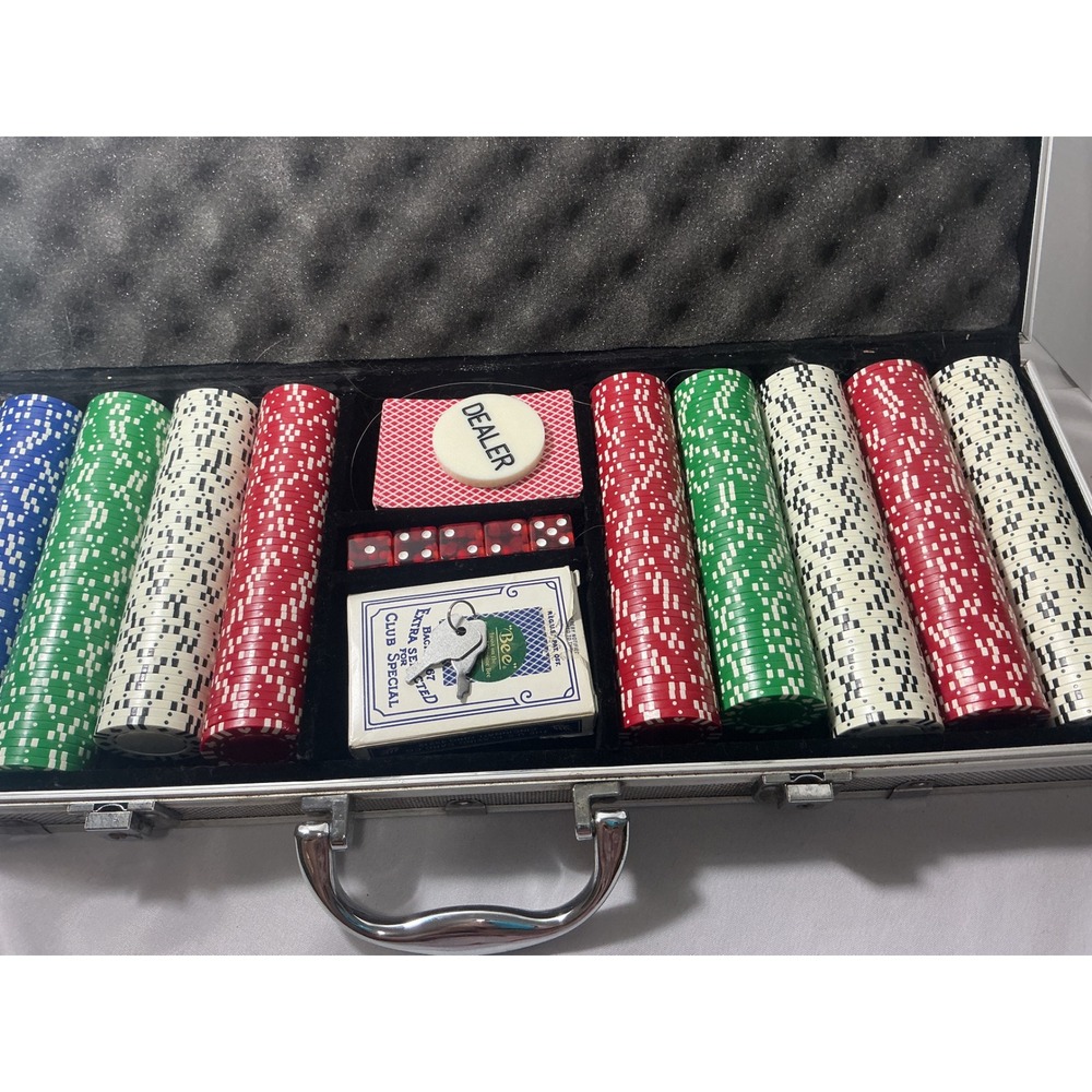 Used Piece Poker Chip Set with Aluminum Case Bee Playing Cards Dice Dealer Butto - Picture 2 of 11